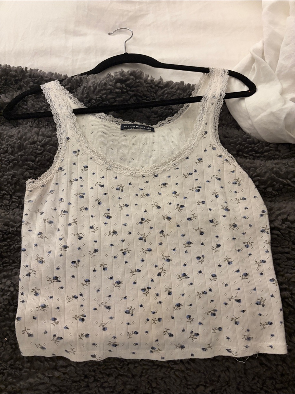 Brandy Melville White Tank Top with Blue Floral Print and Lace Trim